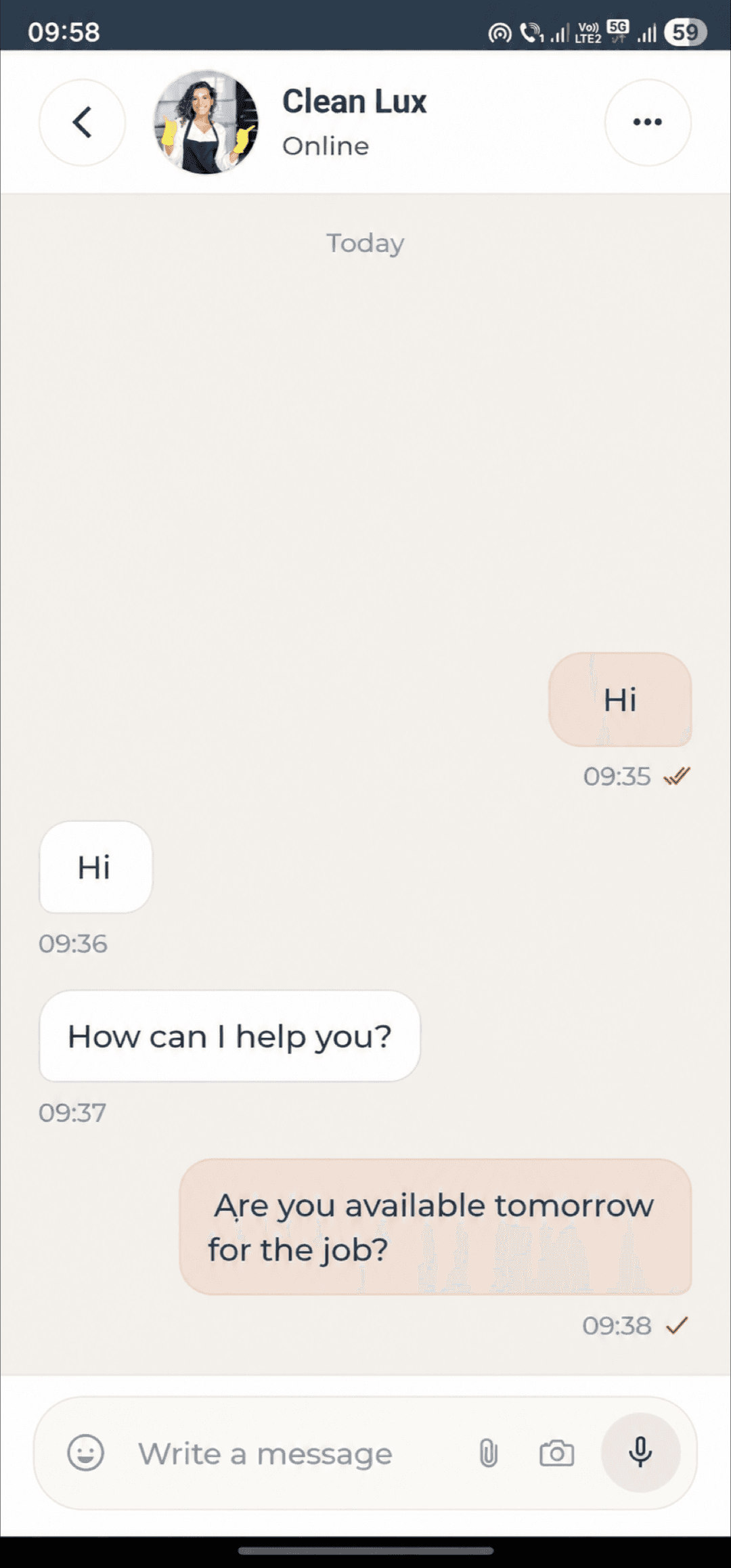 In-app chat between customer and provider