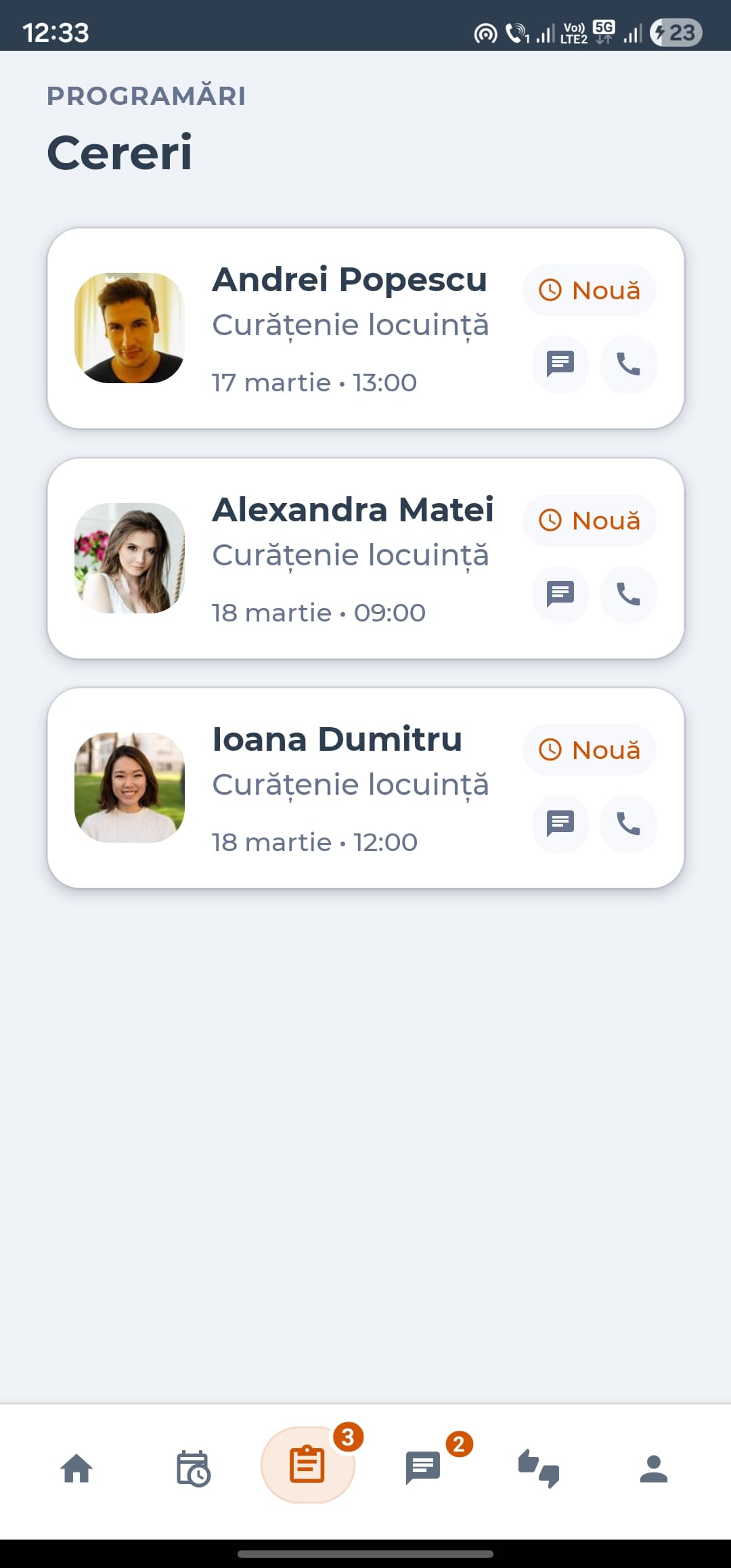 Cereri noi pentru prestator